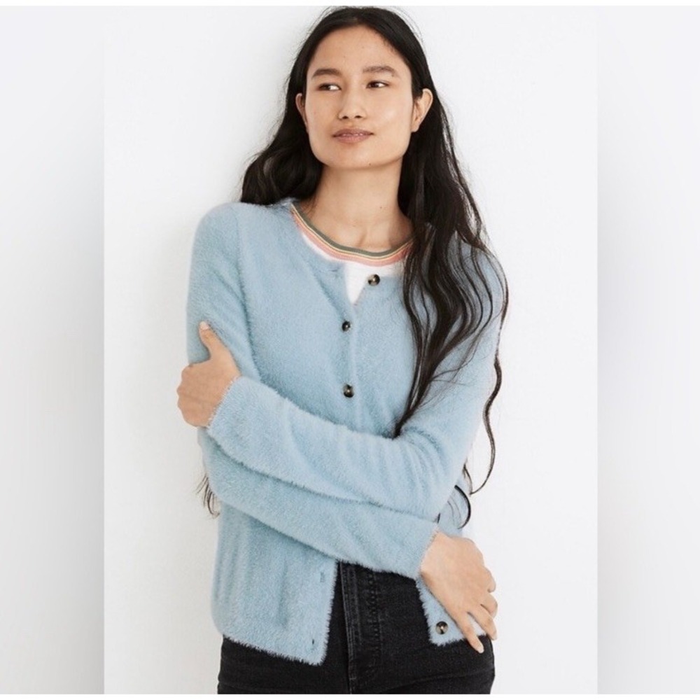NWT Madewell Women's Sz XXS Hewitt Fuzzy Blue Button Down Cardigan Cozy Boho